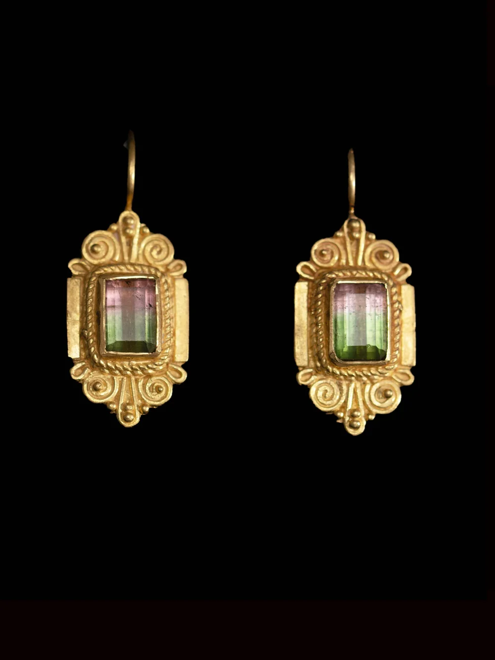 Watermelon Tourmaline & 22ct Gold Earrings