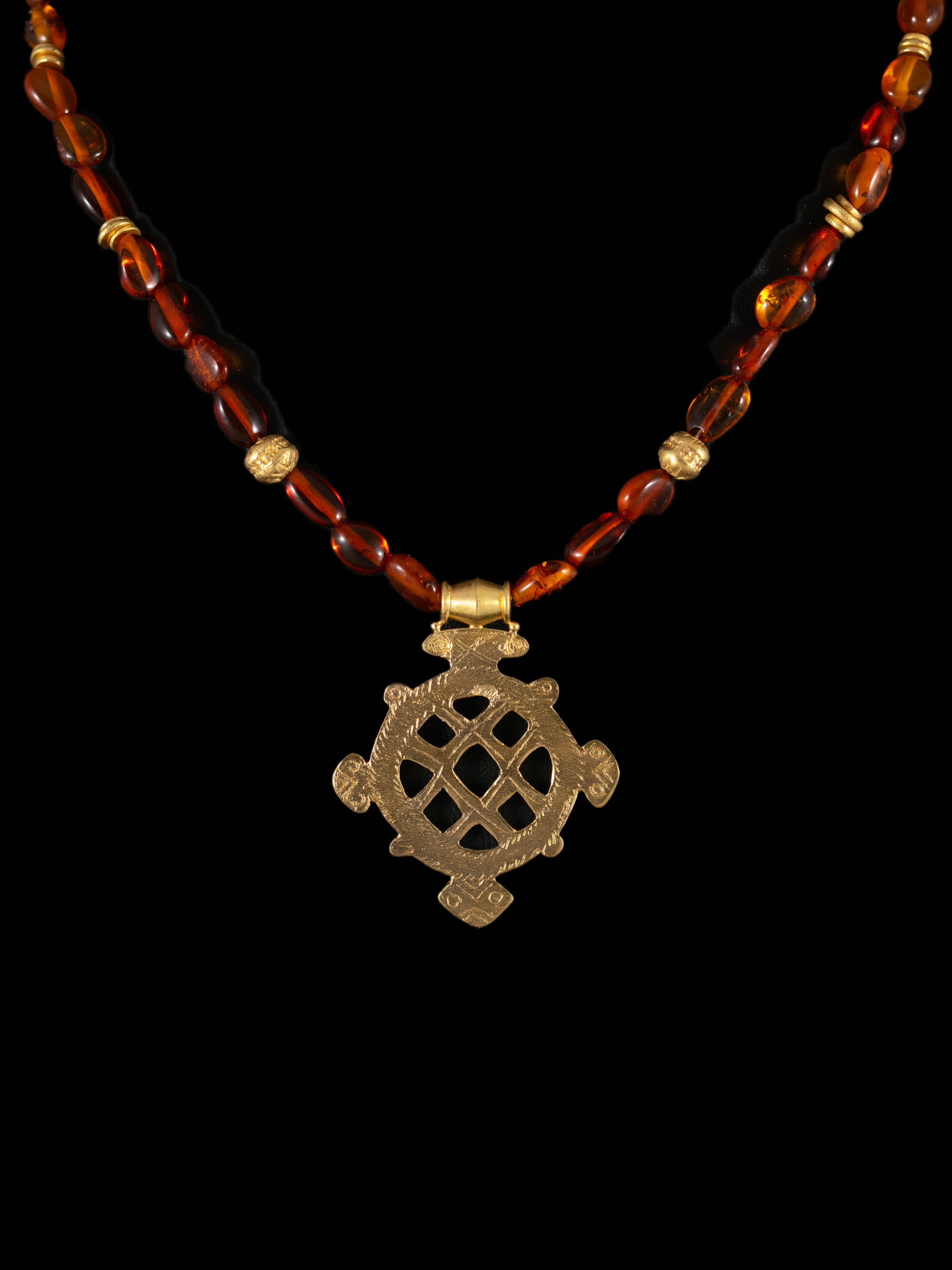 22ct Gold Coptic Cross & Amber Bead Necklace